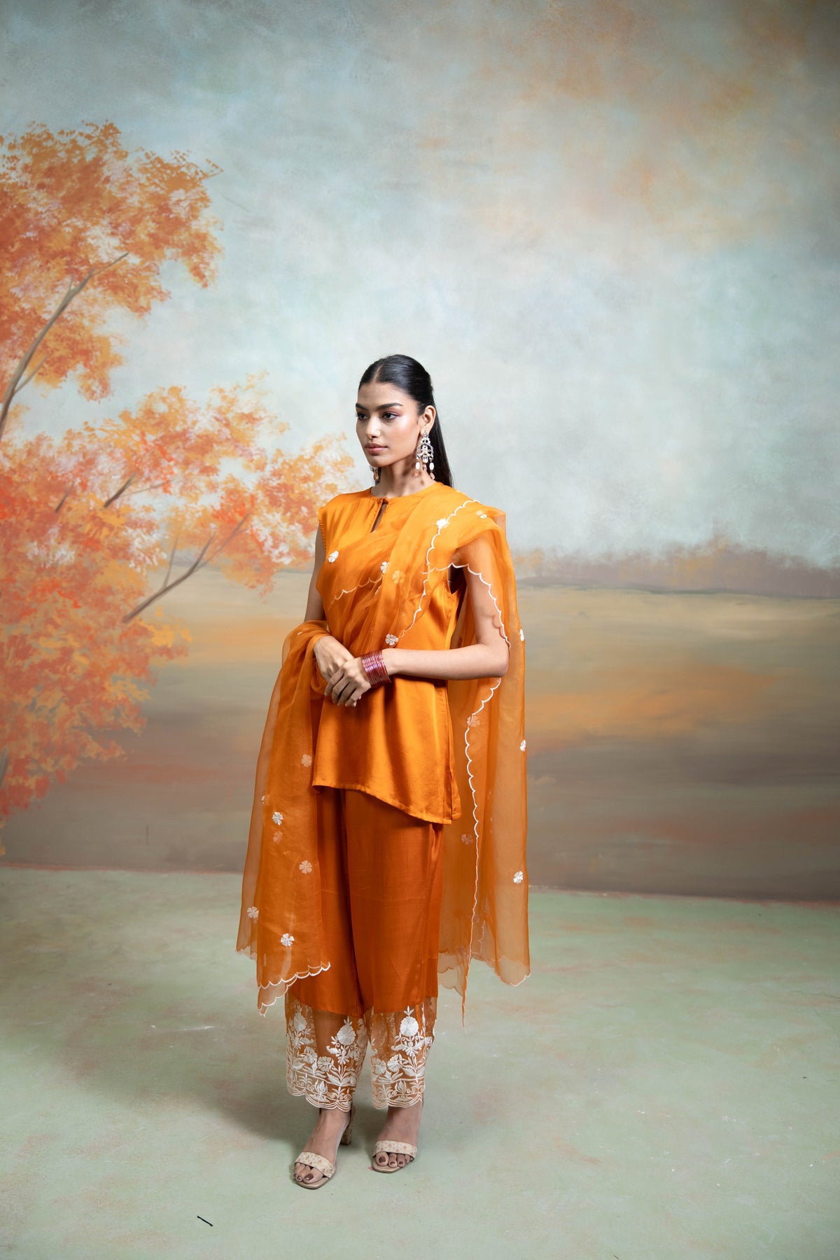 Orange Organza Detailing Cotton Silk Kurta Set (3 Pcs)