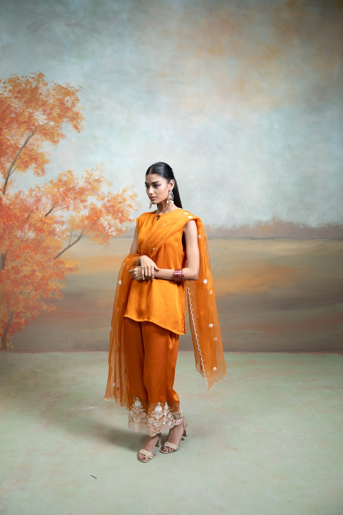Orange Organza Detailing Cotton Silk Kurta Set (3 Pcs)