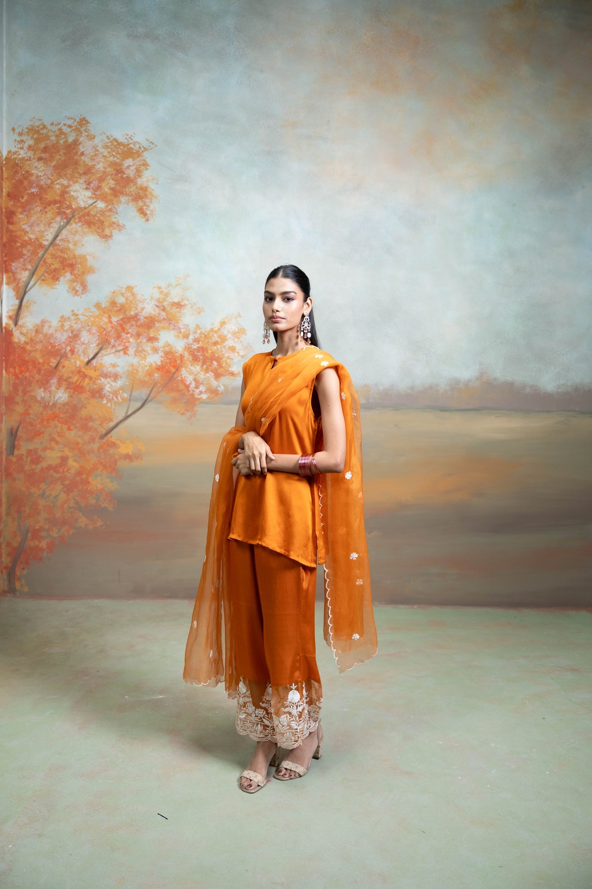 Orange Organza Detailing Cotton Silk Kurta Set (3 Pcs)