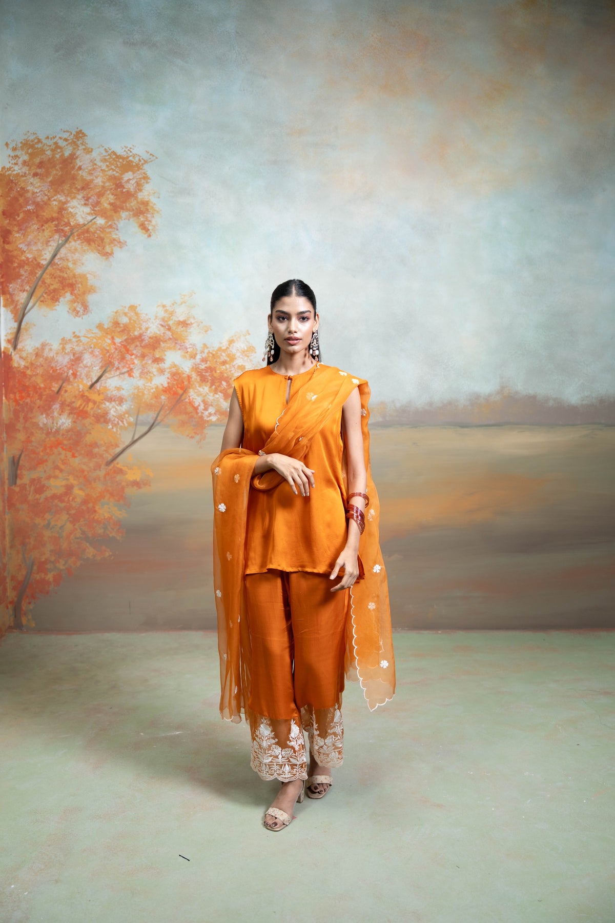 Orange Organza Detailing Cotton Silk Kurta Set (3 Pcs)