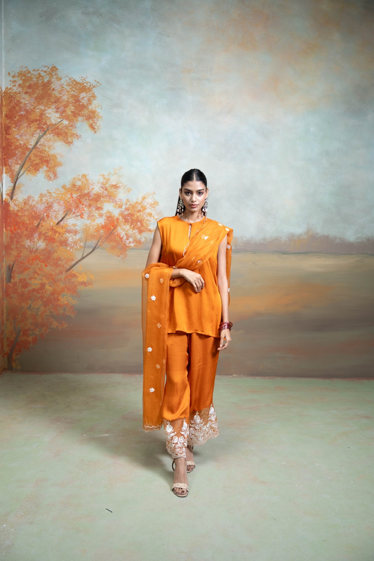 Orange Organza Detailing Cotton Silk Kurta Set (3 Pcs)