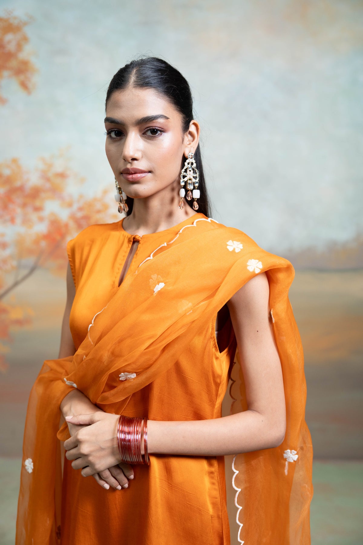 Orange Organza Detailing Cotton Silk Kurta Set (3 Pcs)