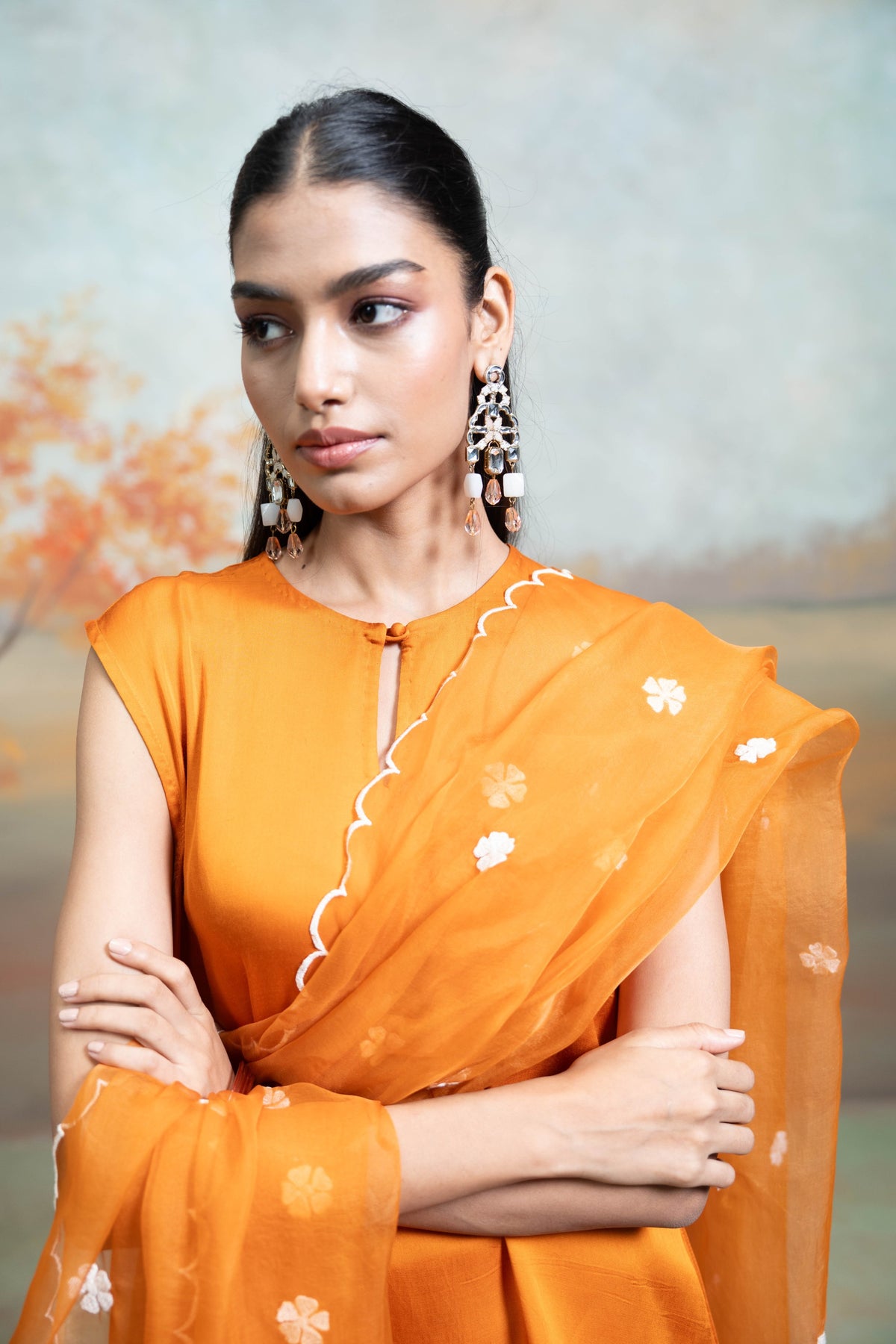 Orange Organza Detailing Cotton Silk Kurta Set (3 Pcs)