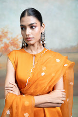 Orange Organza Detailing Cotton Silk Kurta Set (3 Pcs)