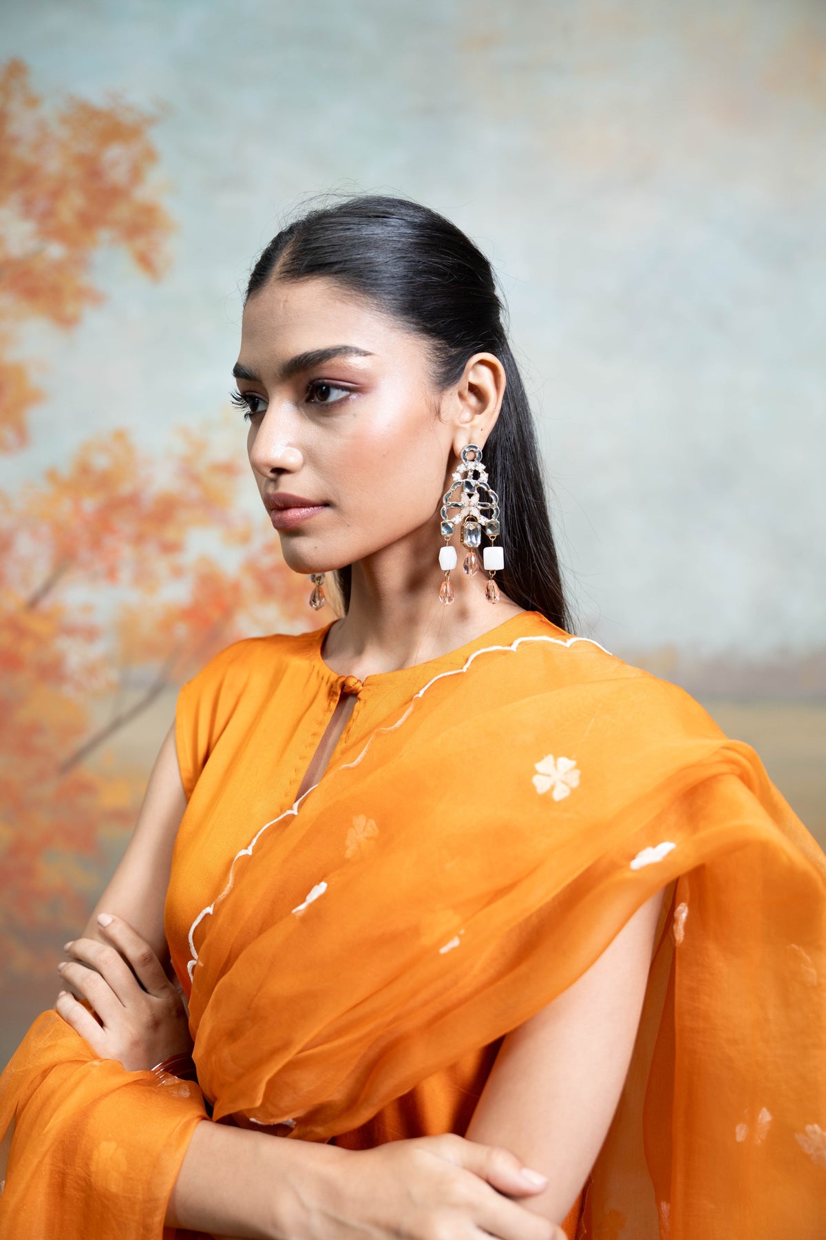 Orange Organza Detailing Cotton Silk Kurta Set (3 Pcs)