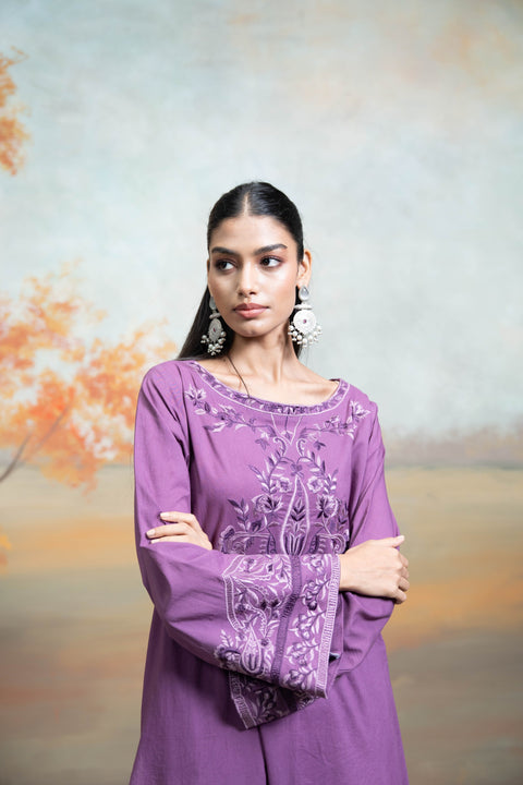 Purple Embroidery Cotton Silk Kurta Set (2 Pcs)
