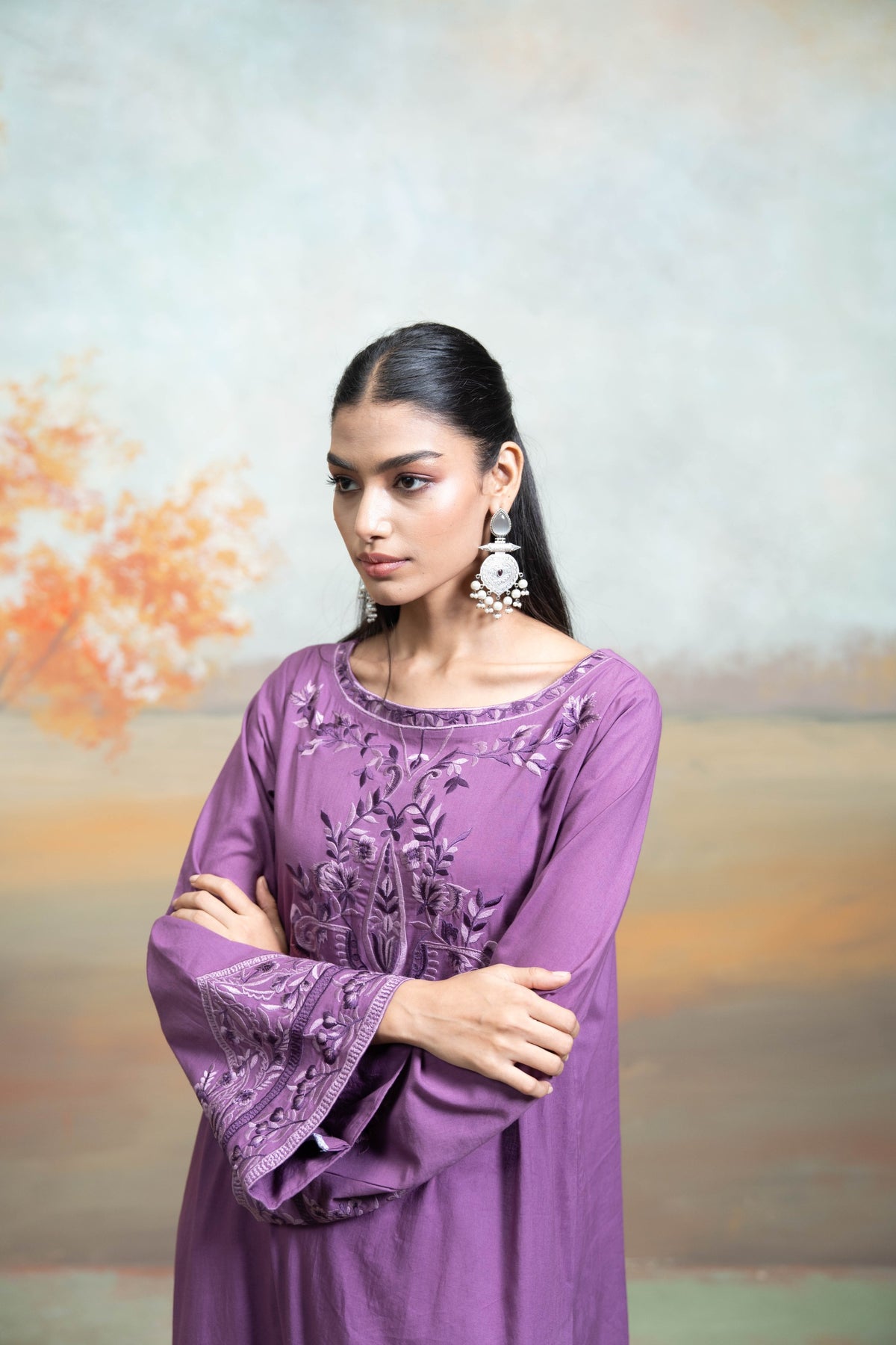 Purple Embroidery Cotton Silk Kurta Set (2 Pcs)