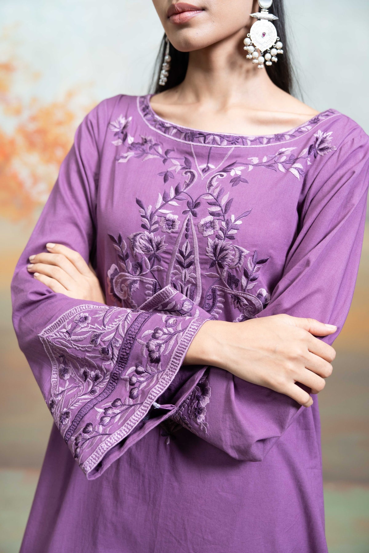 Purple Embroidery Cotton Silk Kurta Set (2 Pcs)