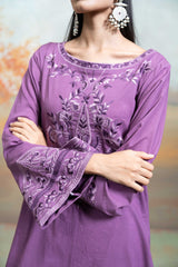 Purple Embroidery Cotton Silk Kurta Set (2 Pcs)