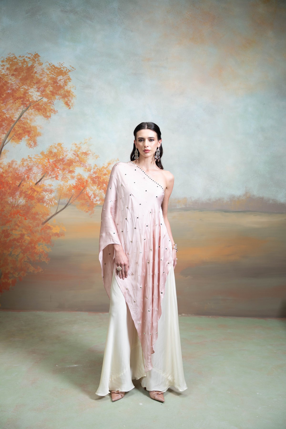 Light Pink Mirror Zari Pearl Work Georgette Top Set (2 Pcs)