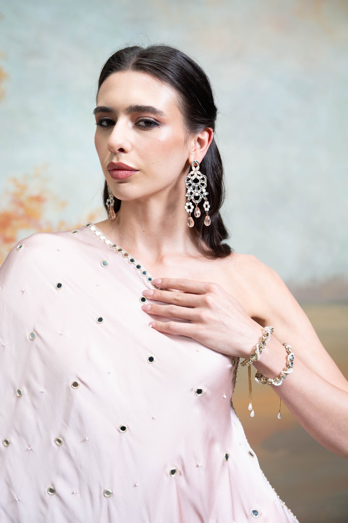 Light Pink Mirror Zari Pearl Work Georgette Top Set (2 Pcs)