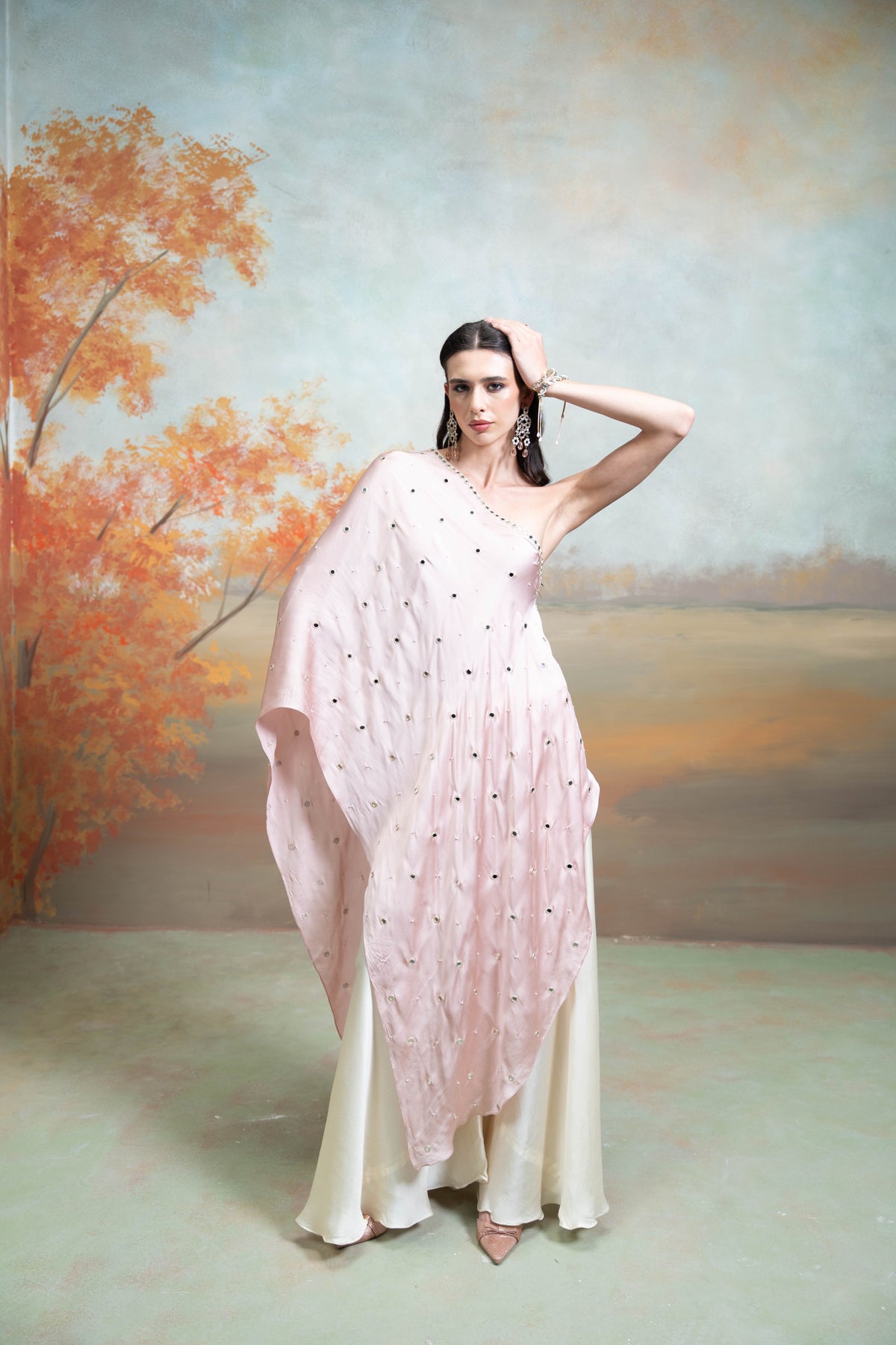 Light Pink Mirror Zari Pearl Work Georgette Top Set (2 Pcs)