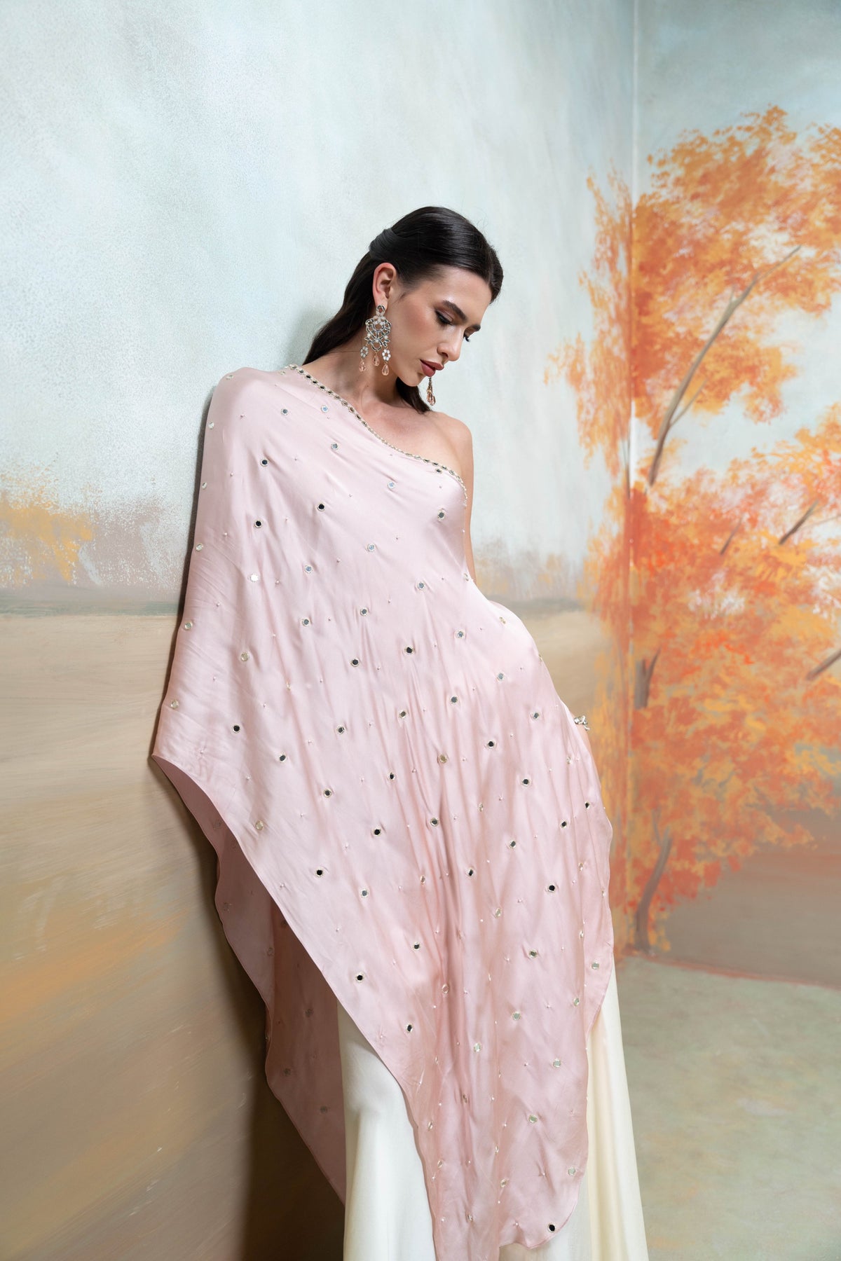 Light Pink Mirror Zari Pearl Work Georgette Top Set (2 Pcs)
