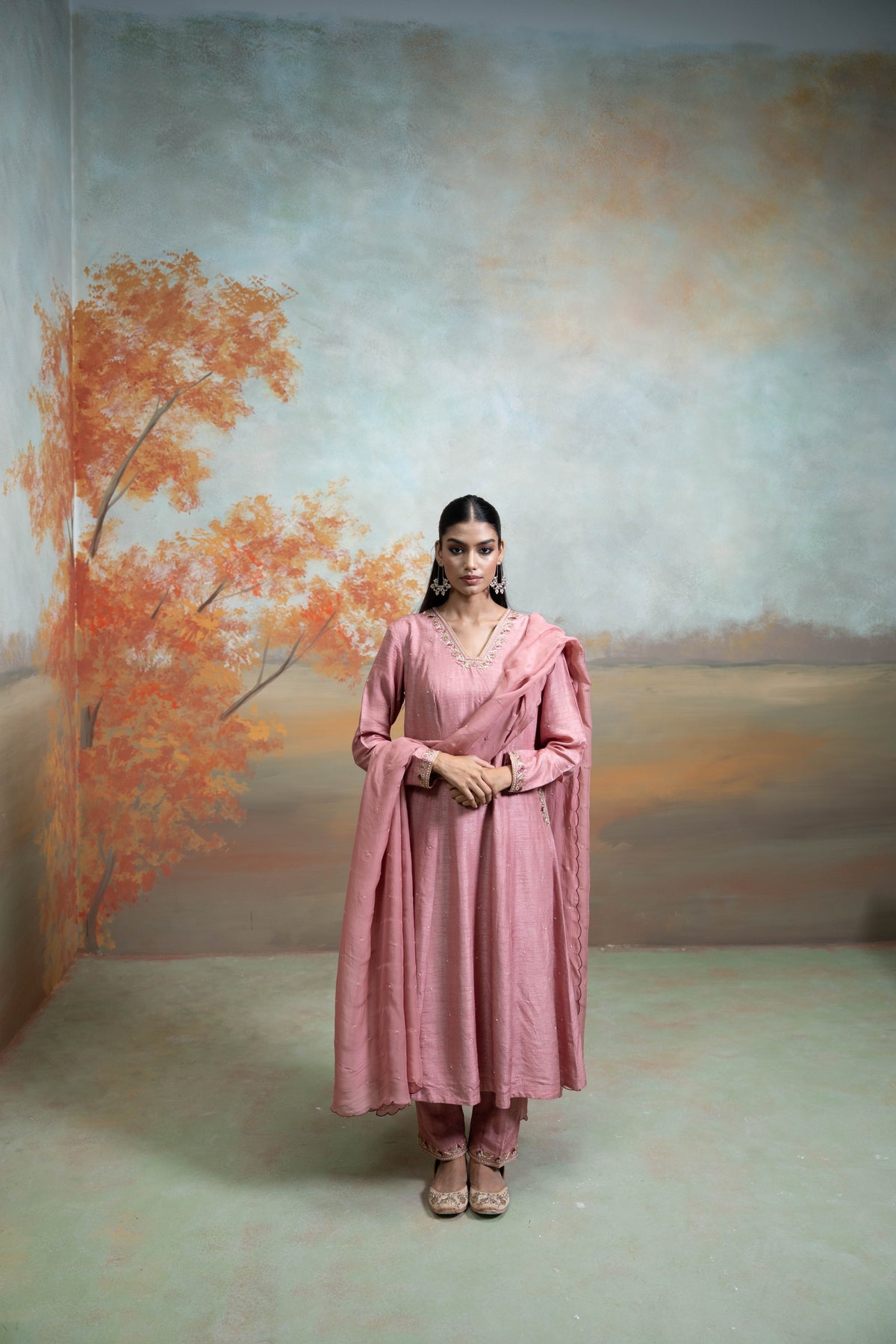 Dull Rose Pink Zardozi Resham Work Silk Anarkali Set (3 Pcs)