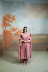 Dull Rose Pink Zardozi Resham Work Silk Anarkali Set (3 Pcs)
