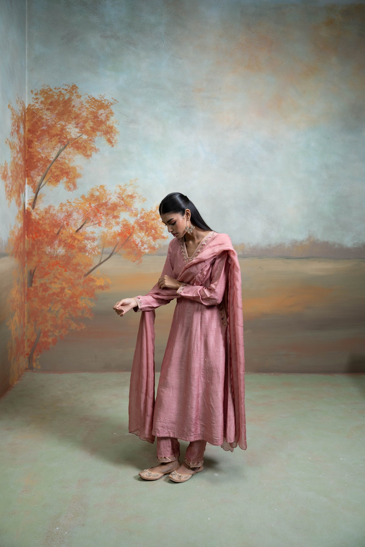 Dull Rose Pink Zardozi Resham Work Silk Anarkali Set (3 Pcs)