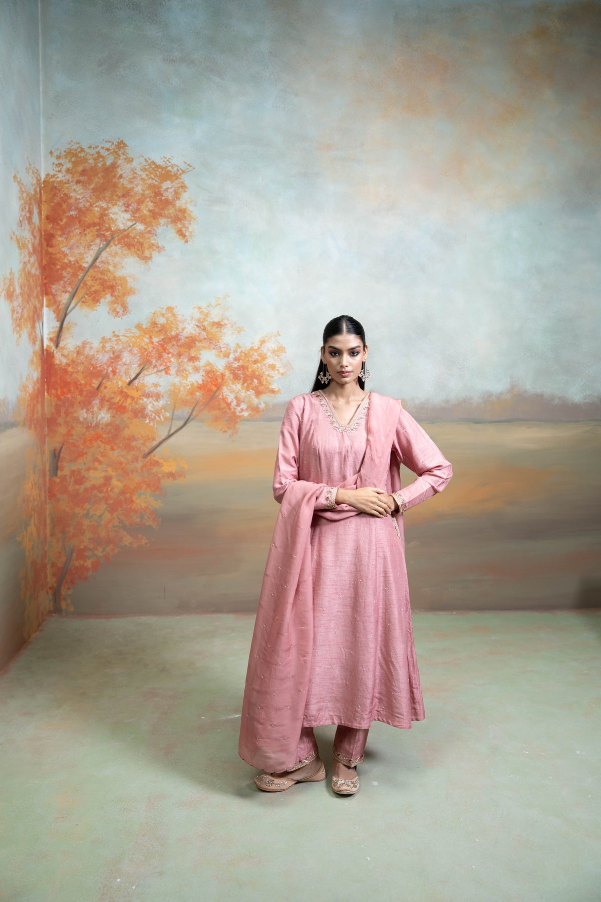 Dull Rose Pink Zardozi Resham Work Silk Anarkali Set (3 Pcs)