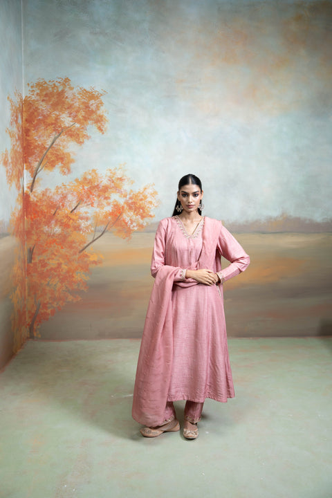 Dull Rose Pink Zardozi Resham Work Silk Anarkali Set (3 Pcs)