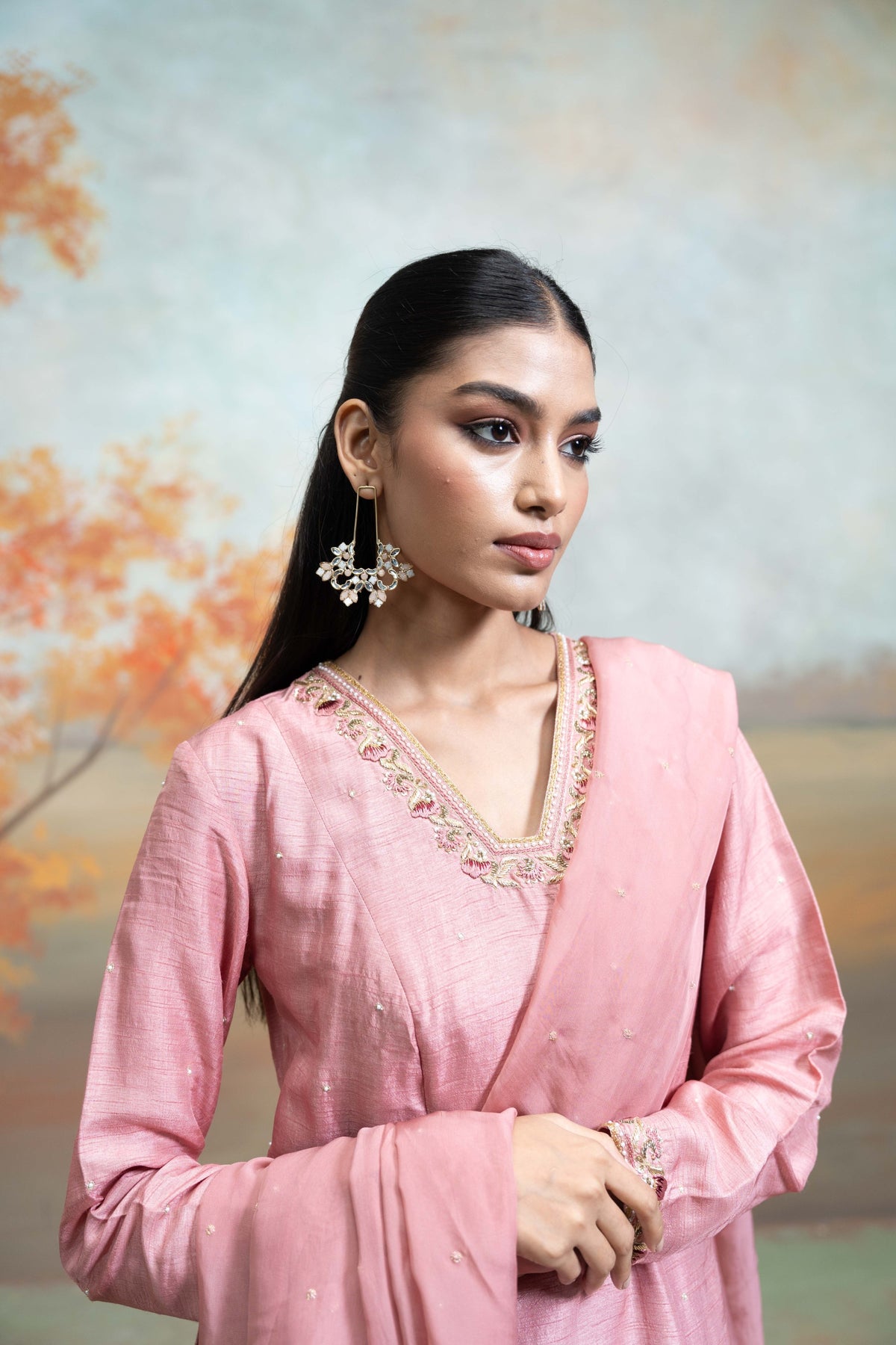 Dull Rose Pink Zardozi Resham Work Silk Anarkali Set (3 Pcs)