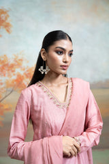 Dull Rose Pink Zardozi Resham Work Silk Anarkali Set (3 Pcs)