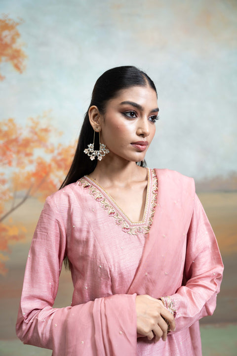 Dull Rose Pink Zardozi Resham Work Silk Anarkali Set (3 Pcs)