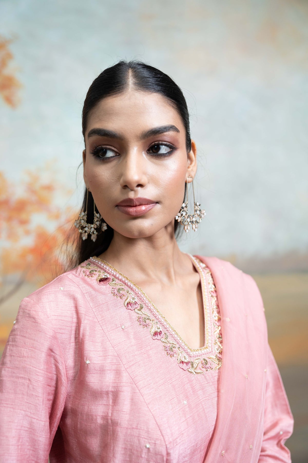 Dull Rose Pink Zardozi Resham Work Silk Anarkali Set (3 Pcs)