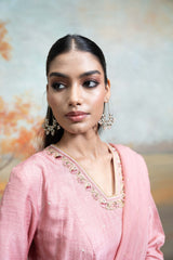 Dull Rose Pink Zardozi Resham Work Silk Anarkali Set (3 Pcs)