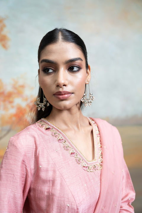 Dull Rose Pink Zardozi Resham Work Silk Anarkali Set (3 Pcs)