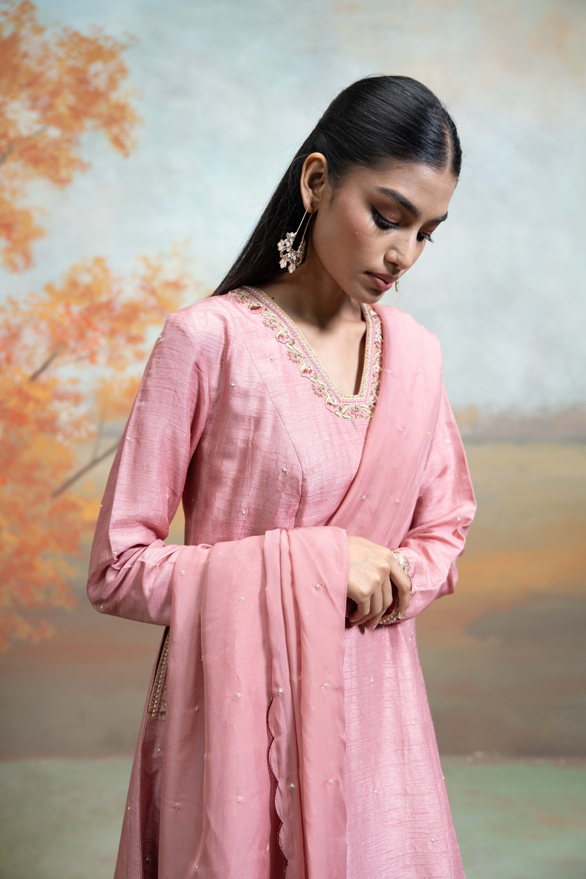 Dull Rose Pink Zardozi Resham Work Silk Anarkali Set (3 Pcs)
