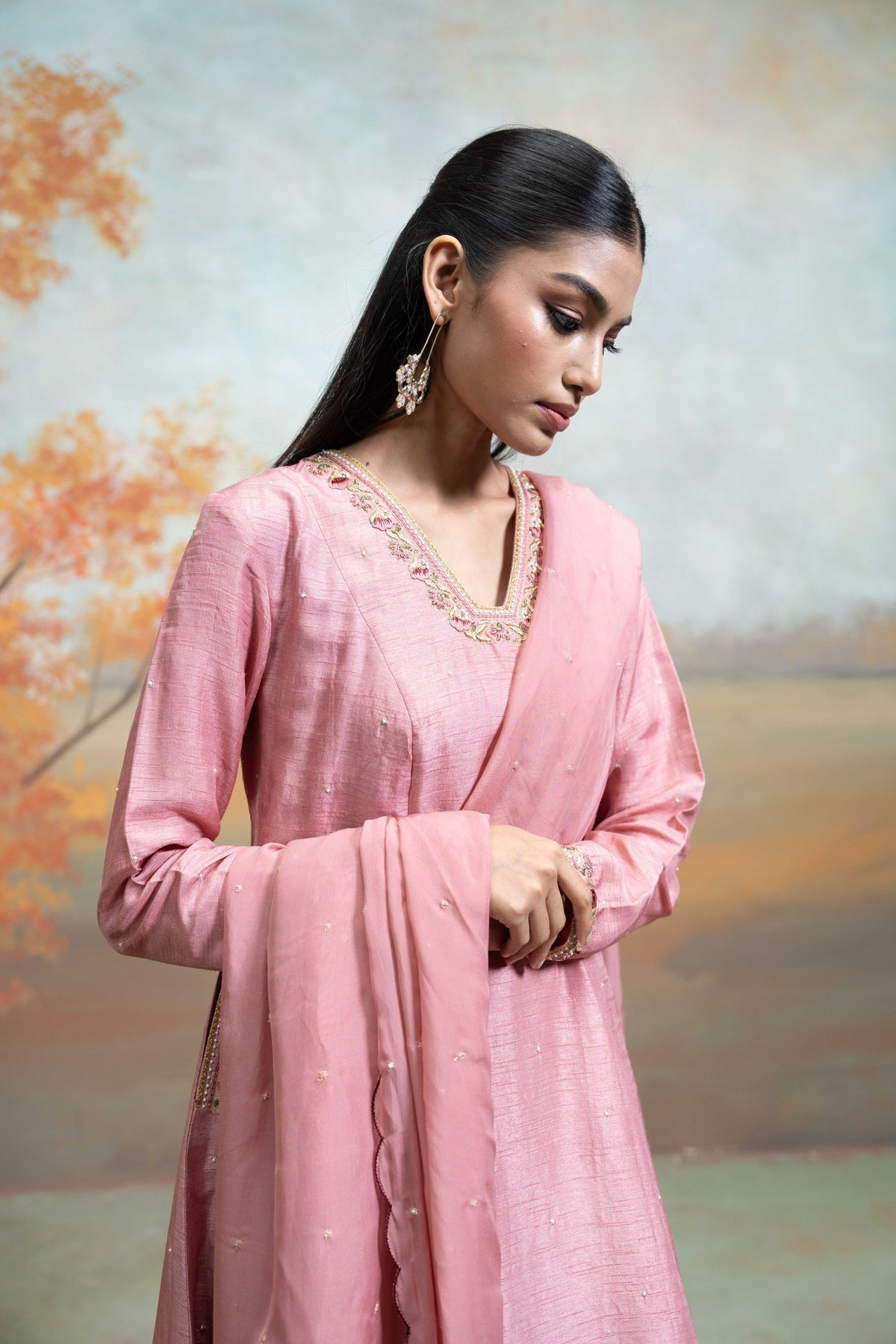 Dull Rose Pink Zardozi Resham Work Silk Anarkali Set (3 Pcs)