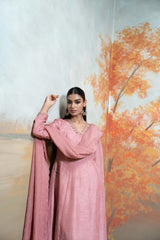 Dull Rose Pink Zardozi Resham Work Silk Anarkali Set (3 Pcs)