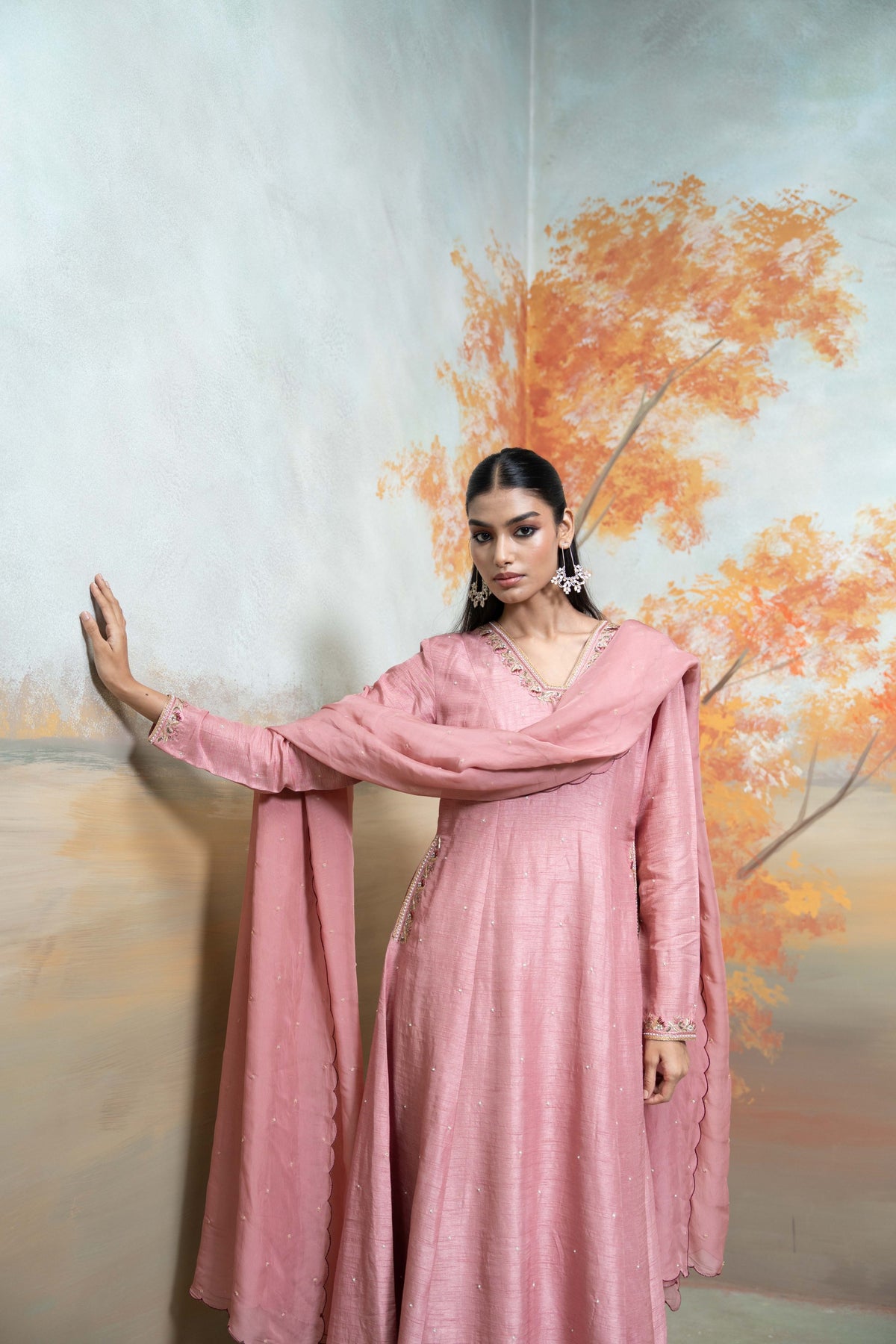 Dull Rose Pink Zardozi Resham Work Silk Anarkali Set (3 Pcs)