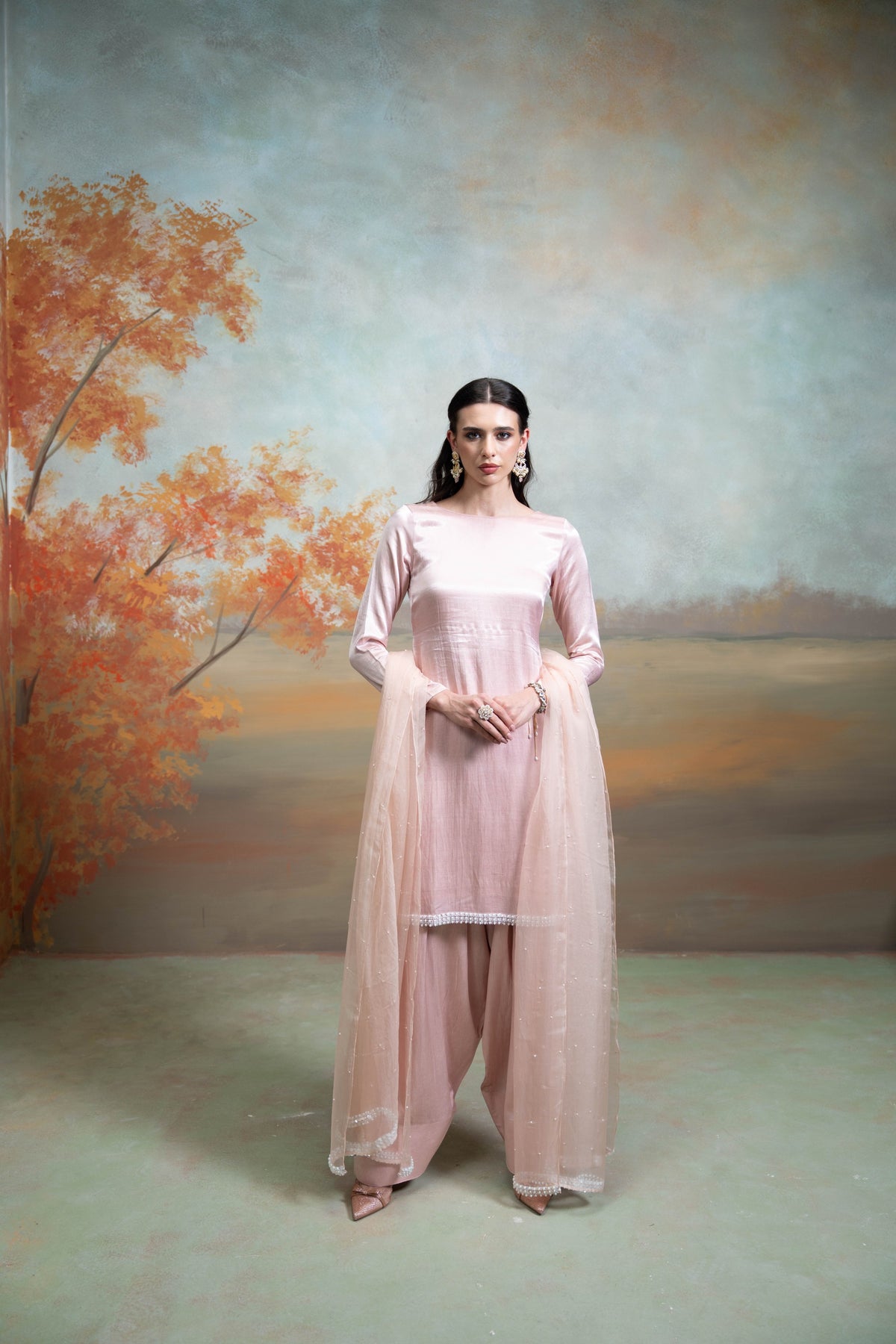 Light Pink Pearl Detailing Organza Kurta Set (3 Pcs)