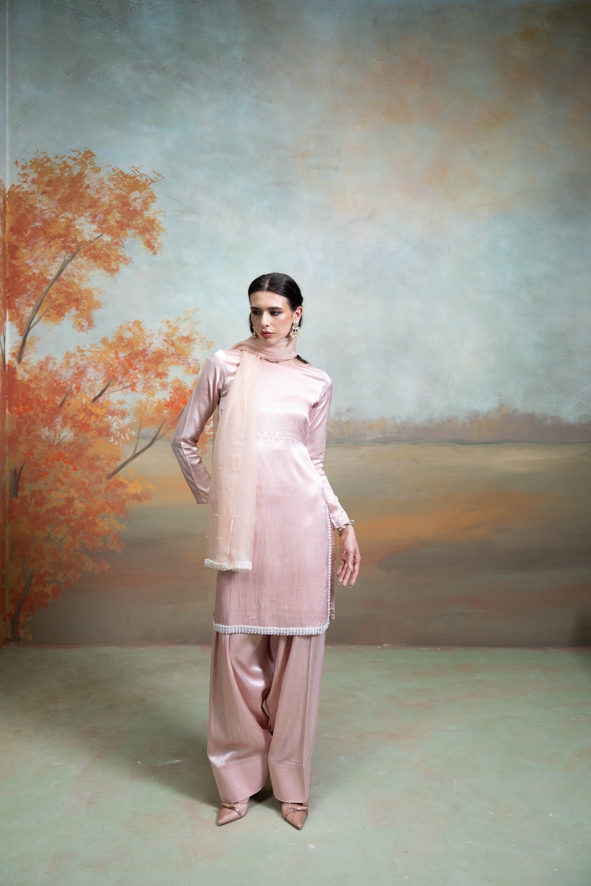 Light Pink Pearl Detailing Organza Kurta Set (3 Pcs)