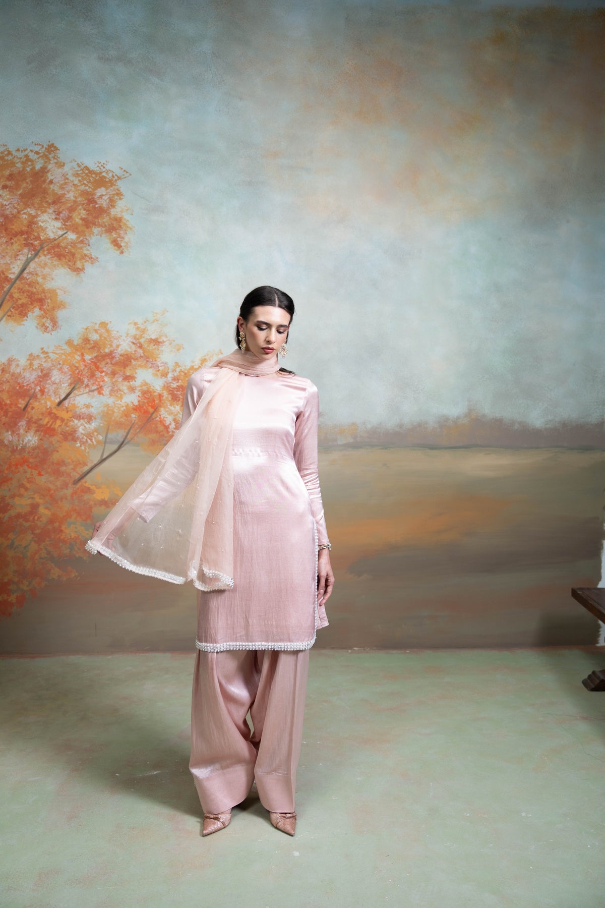 Light Pink Pearl Detailing Organza Kurta Set (3 Pcs)