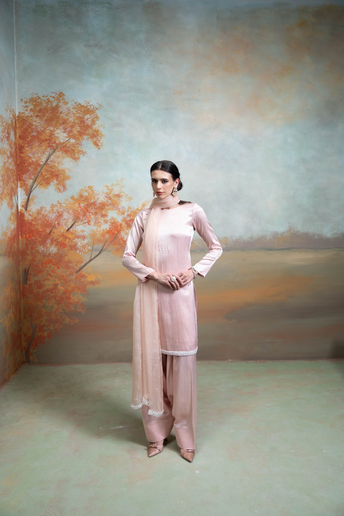 Light Pink Pearl Detailing Organza Kurta Set (3 Pcs)