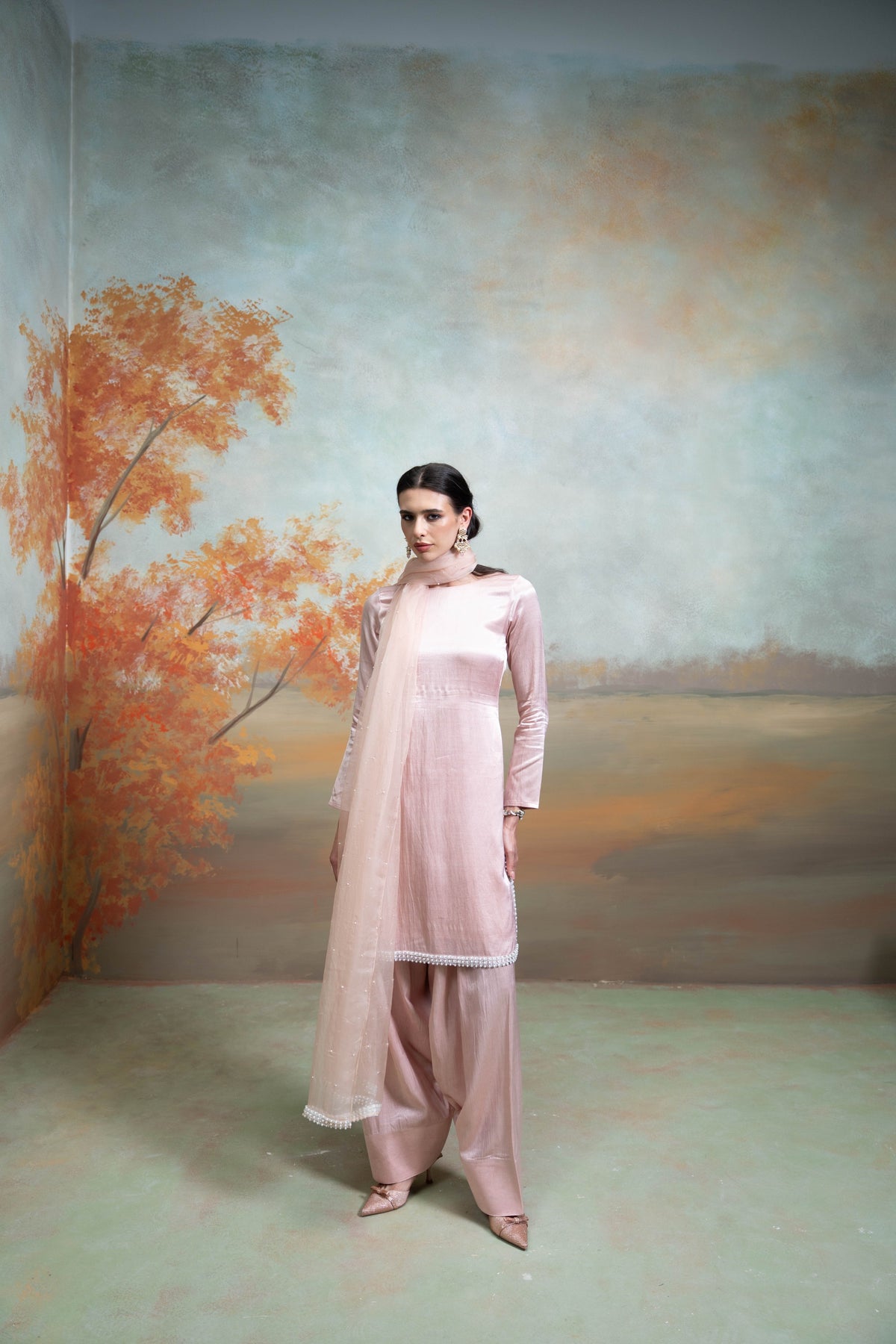 Light Pink Pearl Detailing Organza Kurta Set (3 Pcs)