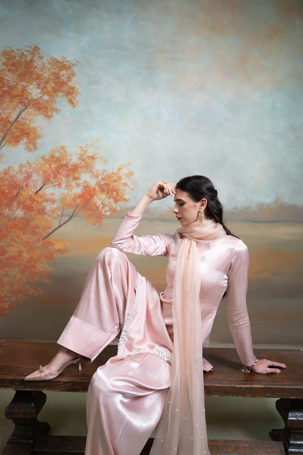 Light Pink Pearl Detailing Organza Kurta Set (3 Pcs)