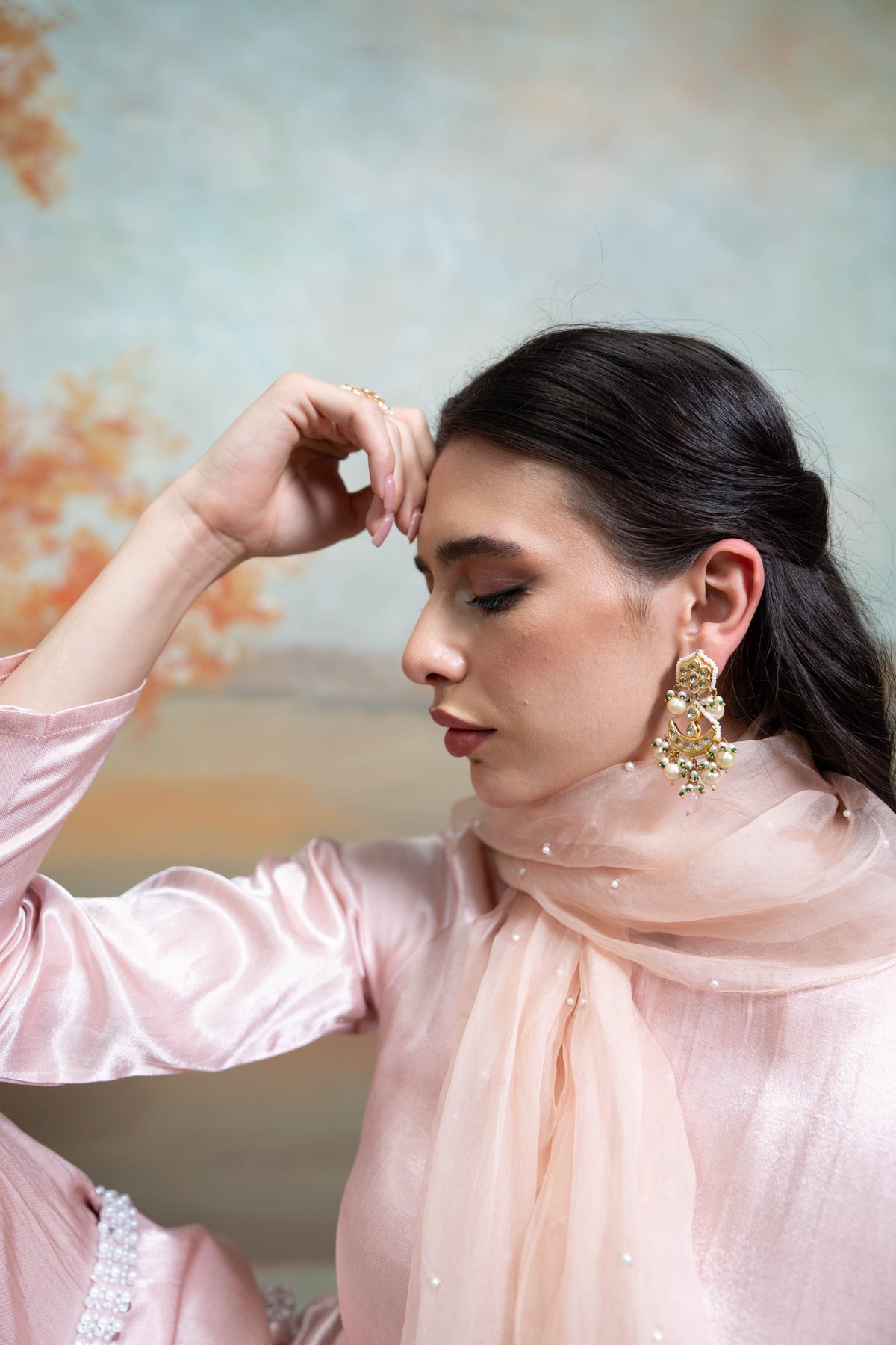 Light Pink Pearl Detailing Organza Kurta Set (3 Pcs)