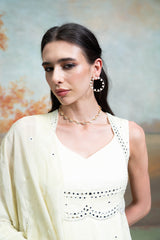 Butter Yellow Mirror Cutdana Pearl Work Raw Silk Anarkali Set (3 Pcs)