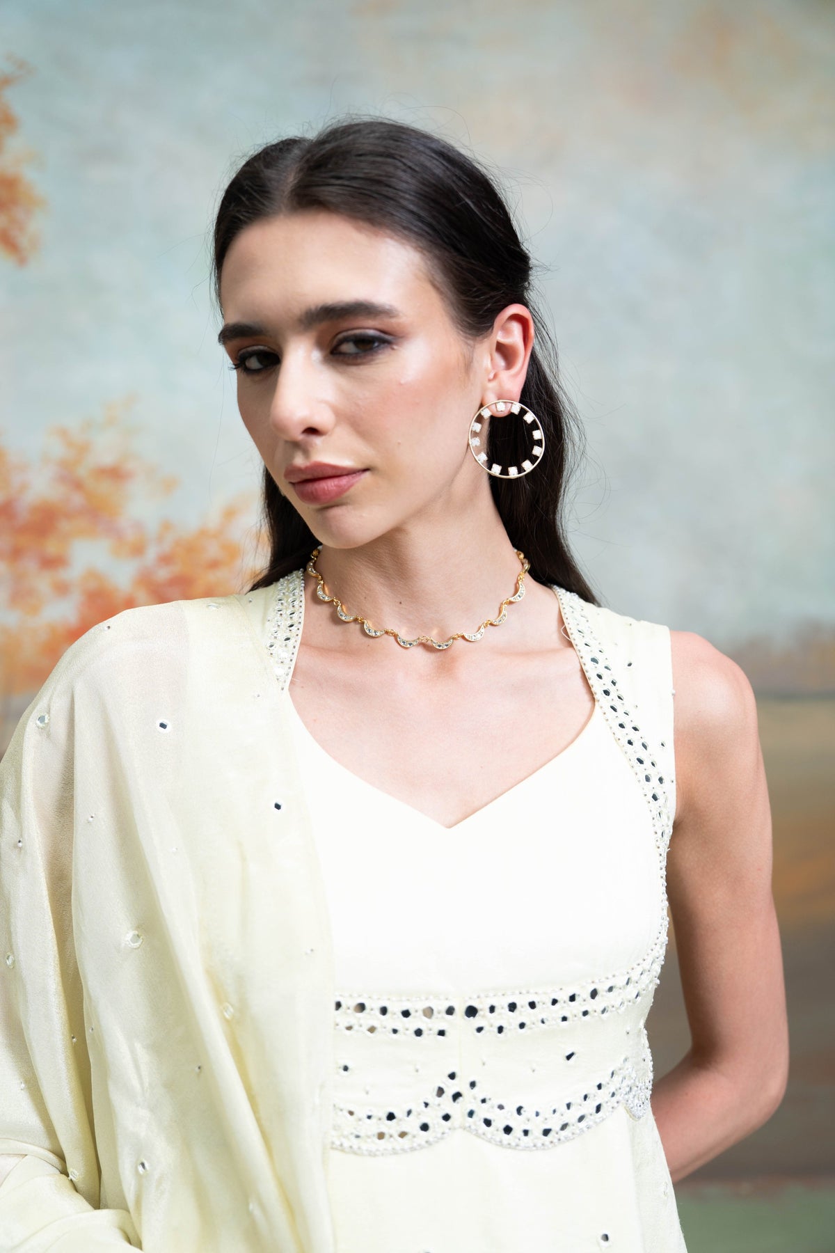 Butter Yellow Mirror Cutdana Pearl Work Raw Silk Anarkali Set (3 Pcs)