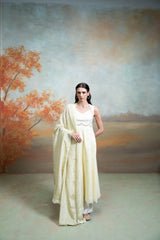 Butter Yellow Mirror Cutdana Pearl Work Raw Silk Anarkali Set (3 Pcs)