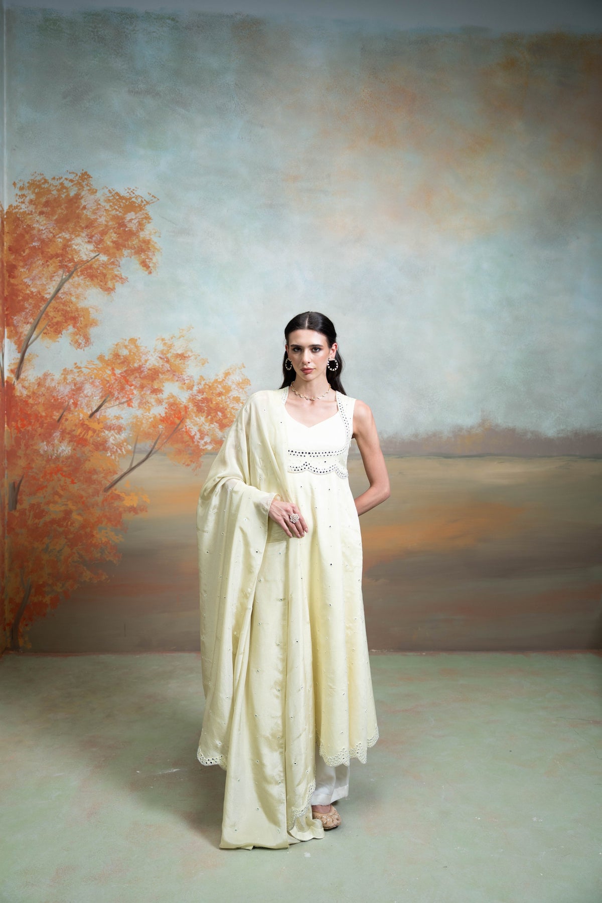 Butter Yellow Mirror Cutdana Pearl Work Raw Silk Anarkali Set (3 Pcs)