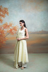 Butter Yellow Mirror Cutdana Pearl Work Raw Silk Anarkali Set (3 Pcs)