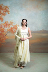 Butter Yellow Mirror Cutdana Pearl Work Raw Silk Anarkali Set (3 Pcs)