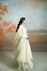 Butter Yellow Mirror Cutdana Pearl Work Raw Silk Anarkali Set (3 Pcs)
