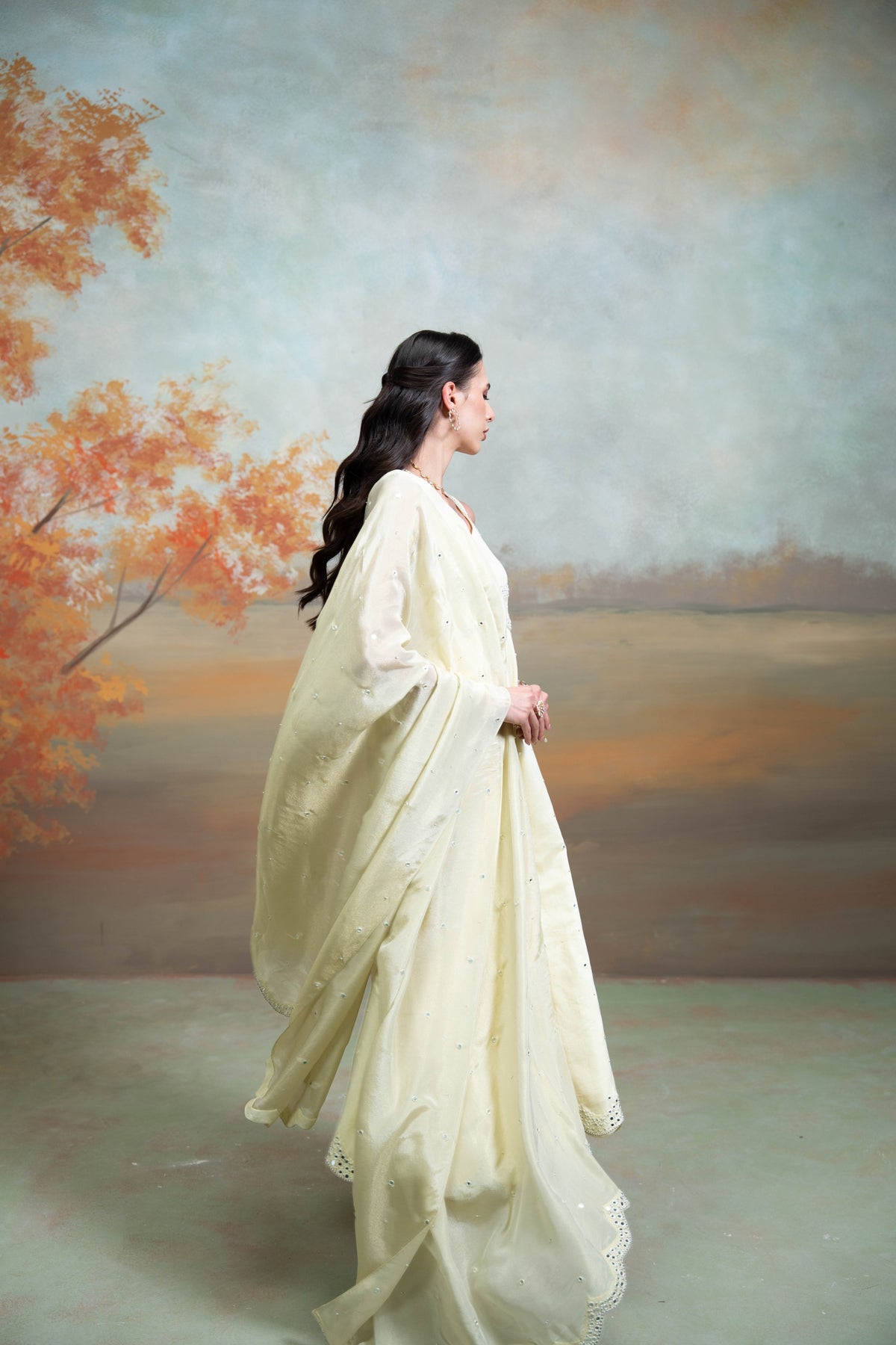 Butter Yellow Mirror Cutdana Pearl Work Raw Silk Anarkali Set (3 Pcs)
