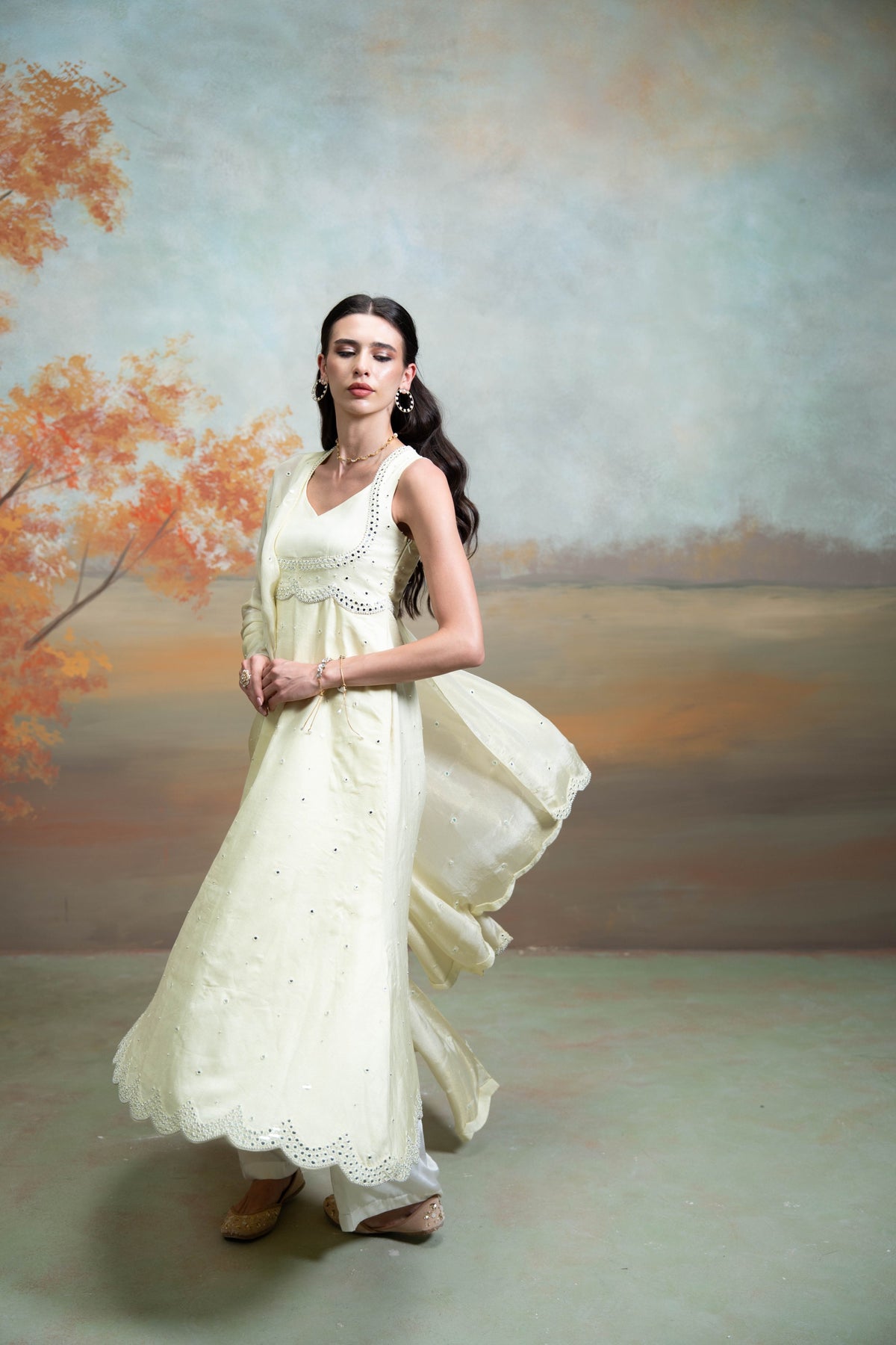 Butter Yellow Mirror Cutdana Pearl Work Raw Silk Anarkali Set (3 Pcs)