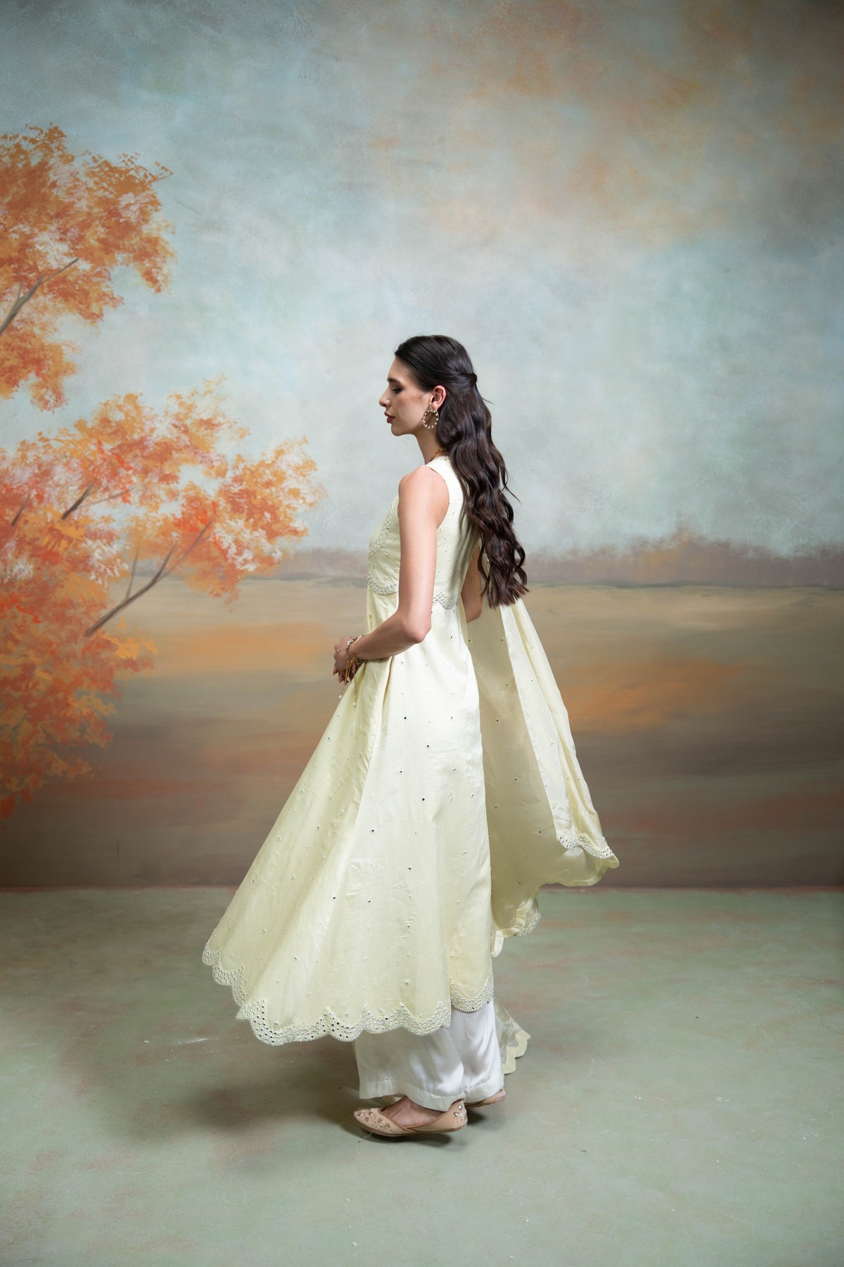 Butter Yellow Mirror Cutdana Pearl Work Raw Silk Anarkali Set (3 Pcs)