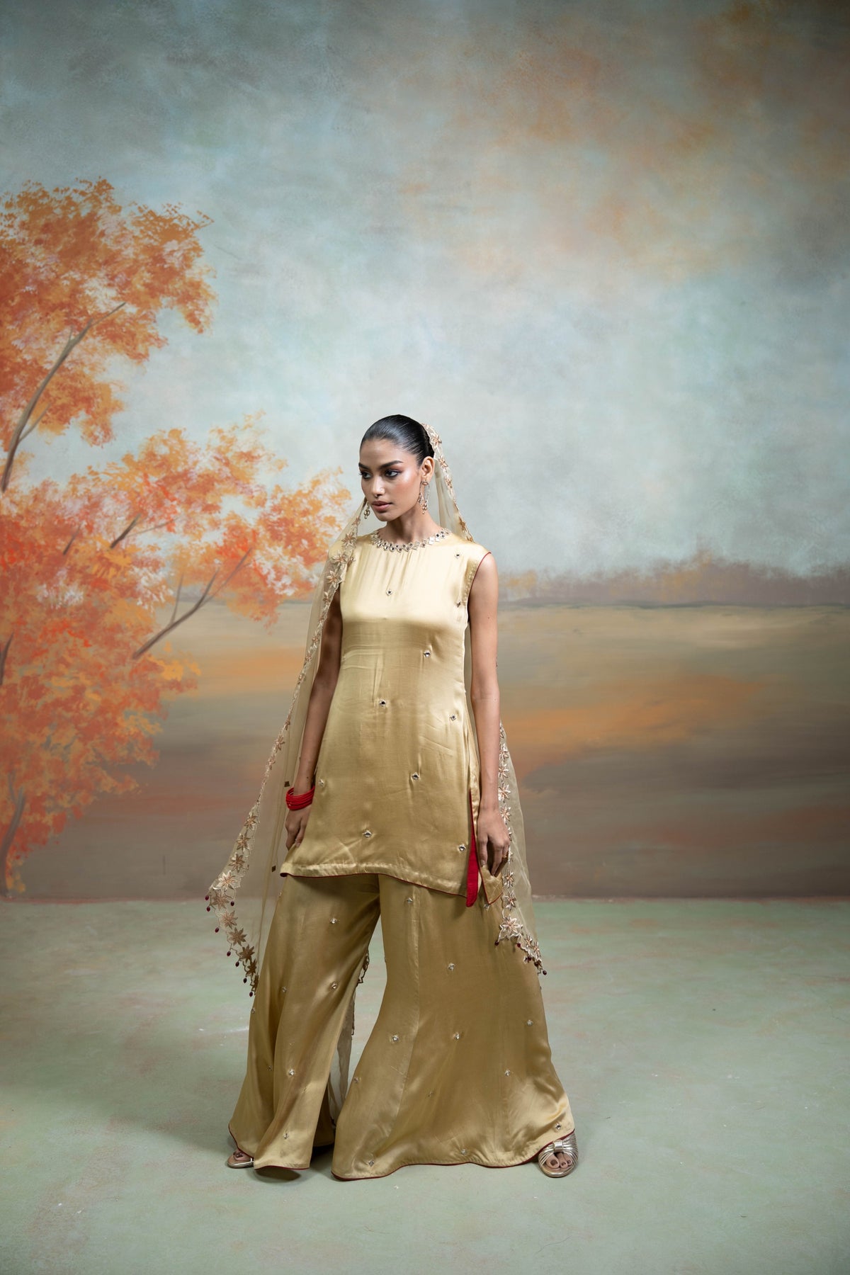 Golden Mirror Zari Work Organza Kurta Set (3 Pcs)